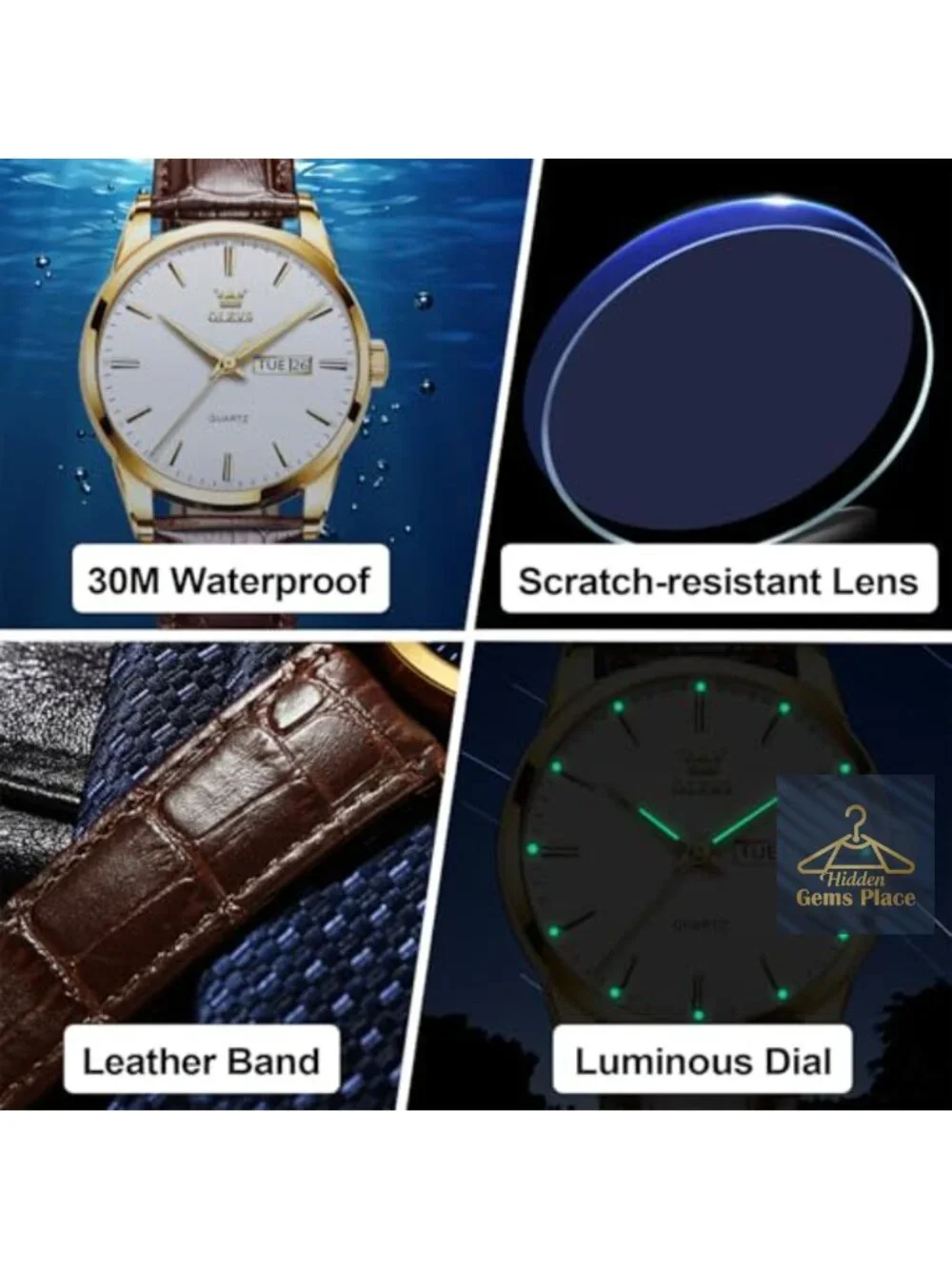 Men's Casual Leather Watch, Three-Hand Analog Stainless Steel Luminous Quartz